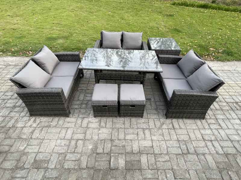Fimous Wicker PE Rattan Garden Furniture Sets Outdoor Lounge Sofa Set with Oblong Dining Table Double Seat Sofa Side Table 2 Small Footstools Dark Grey Mixed