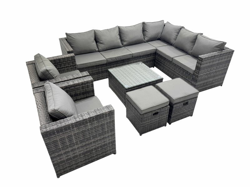 Fimous Outdoor PE Rattan Garden Furniture Sofa Set with Square Coffee Table 2 Small Stools 2 Chair Dark Grey