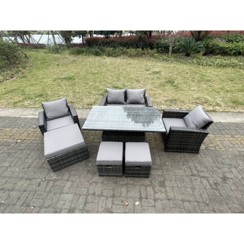 Fimous Rattan Outdoor Furniture Adjustable Rising Lifting Rectangle Dining Table Chairs Two Seater Love Sofa Sets 3 Footstools 7 Seater