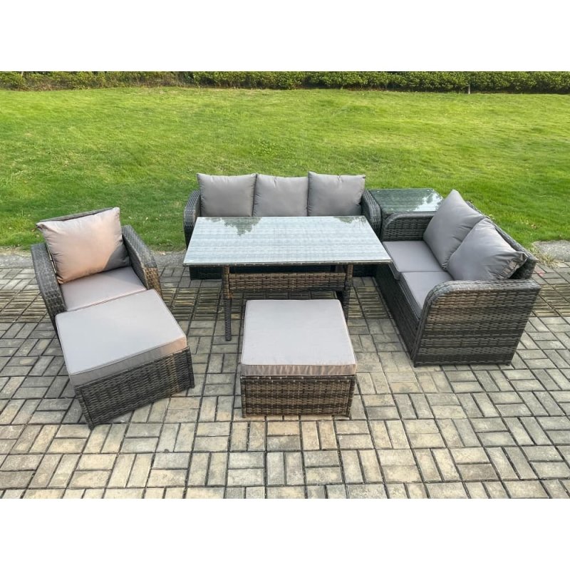 Fimous 7 Piece Rattan Garden Furniture Set with Patio Sofa Rectangular Dining Table Side Table 2 Big Footstool Indoor Conservatory Patio Set