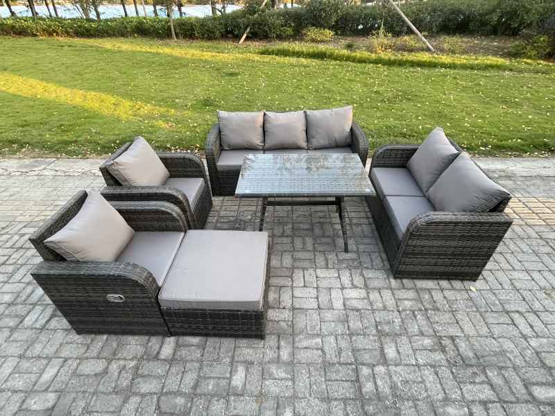 Fimous 8 Seater High Back PE Rattan Sofa Set Outdoor Garden Furniture Dining Table Set With Reclining Chair 3 Seater Sofa Love Sofa Big Footstool