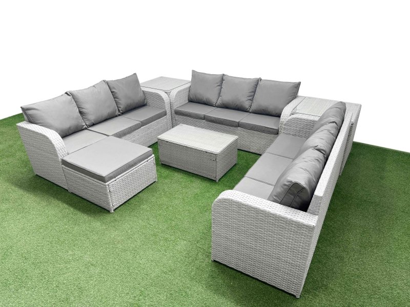 Fimous PE Rattan Lounge Sofa Set 10 Seater Outdoor Garden Furniture Set with Rectangular Coffee Table 3 Seater Sofa Big Footstool 2 Side Table Light Grey