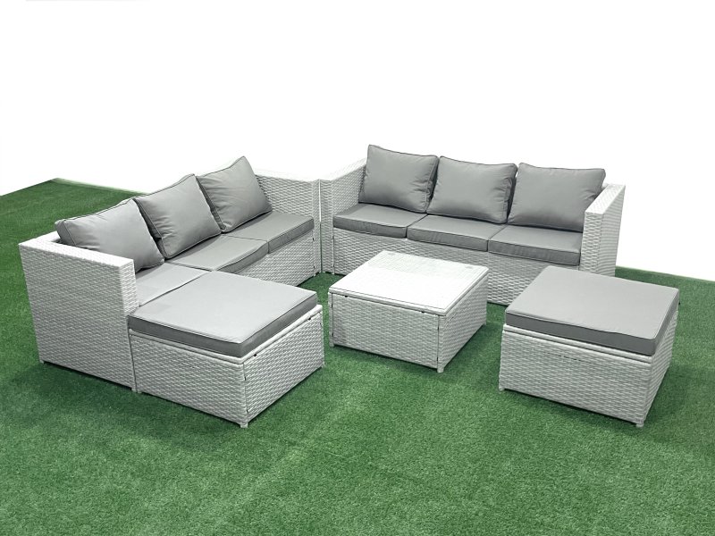 Fimous Rattan Garden Outdoor Furniture Set 8 Seater Rattan Garden Sofa Set with 2 Big Footstools Light Grey Mixed