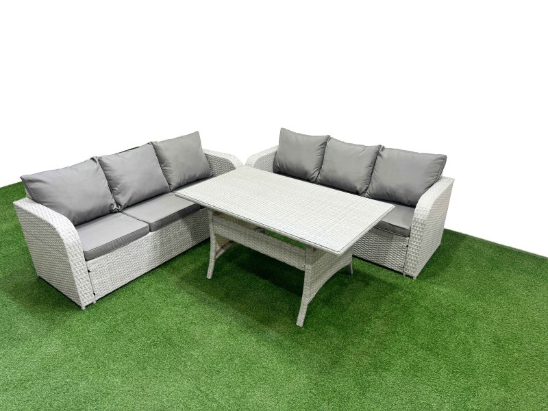 Fimous Outdoor Garden Furniture Sets 6 Seater Wicker Rattan Furniture Sofa Sets with Rectangular Dining Table high Back Lounge Sofa Light Grey