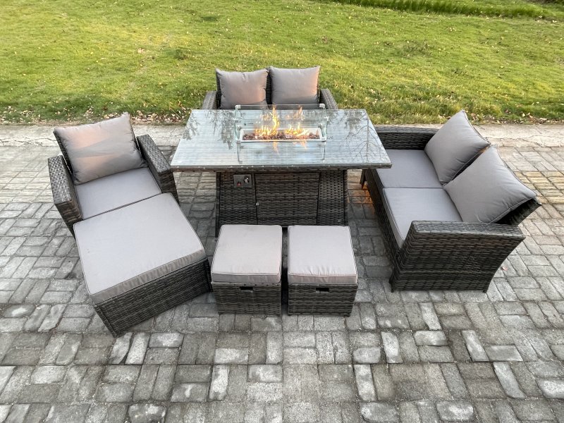 Fimous 8 Seater Rattan Outdoor Garden Furniture Gas Fire Pit Table Sets Gas Heater with Love Sofa Armchair 3 Footstools Dark Mixed Grey