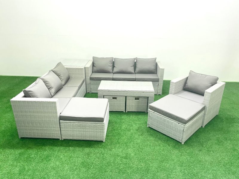 Fimous Outdoor Rattan Garden Furniture Set with Grey Cushions Luxury 11 Seater with Chair,Coffee Table and Side Table For Conservatory,Patio