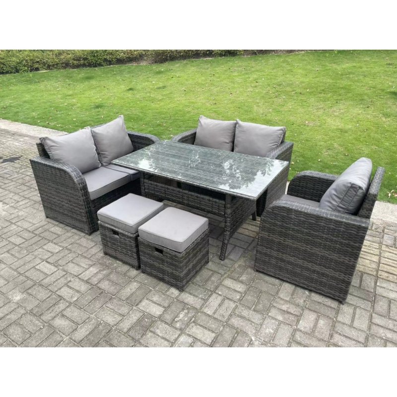 Fimous Dark Grey PE Wicker Rattan Garden Furniture Set Reclining Chair Love Sofa 2 Seater Sofa Set Outdoor Rectangular Dining Table 2 Stools 5 Seater