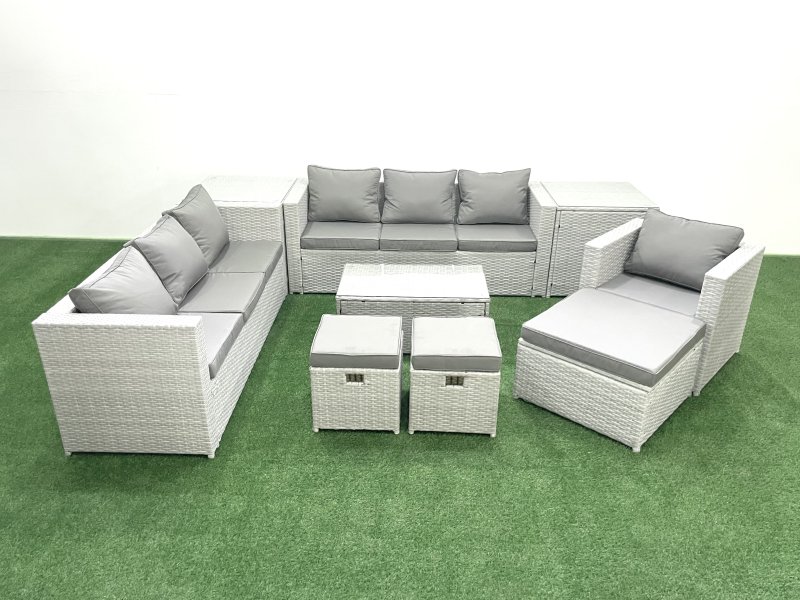 Fimous Wicker PE Rattan Sofa Garden Furniture Set with Armchair Oblong Coffee Table 3 Footstools 2 Side Tables Light Grey Mixed