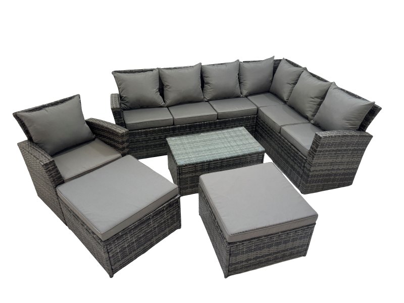 Fimous Rattan Garden Outdoor Furniture Set 9 Seater Garden Sofa Coffee Table Set with Chair 2 Big Footstools Dark Grey Mixed