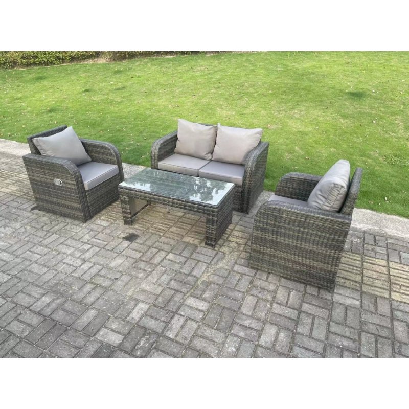 Fimous Dark Grey PE Wicker Rattan Garden Furniture Set Love Sofa Reclining Chair Outdoor Rectangular Coffee Table 4 Seater