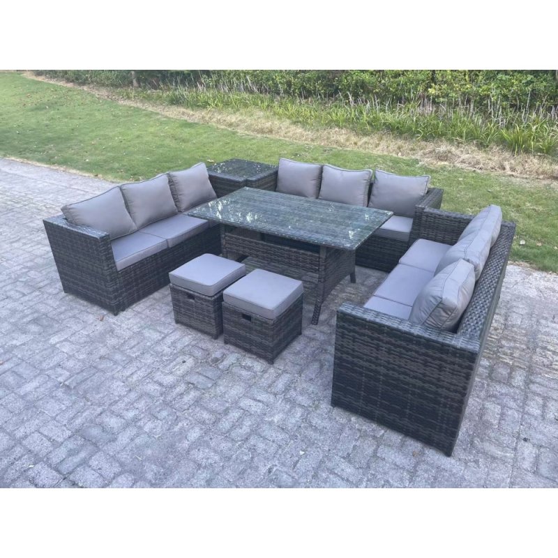 Fimous 11 Seater Outdoor PE Wicker Garden Furniture Rattan Lounge Sofa Set Patio Rectangular Dining Table with 2 Small Footstool Side Table Dark Grey Mixed