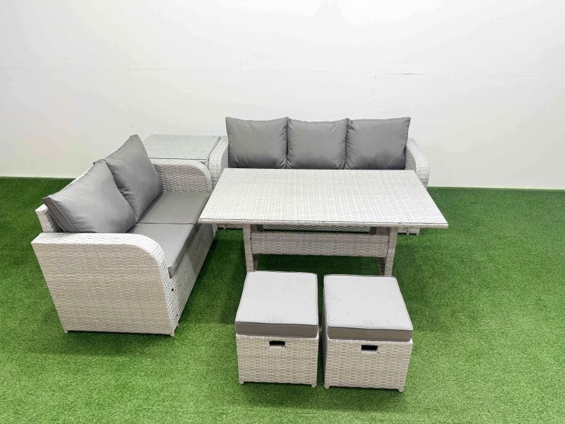 Fimous 7 Seater PE Rattan Wicker Garden Furniture Patio Conservatory Sofa Set with Rectangular Dining Table 3 Seater Sofa Love Sofa 2 Stools Side Table
