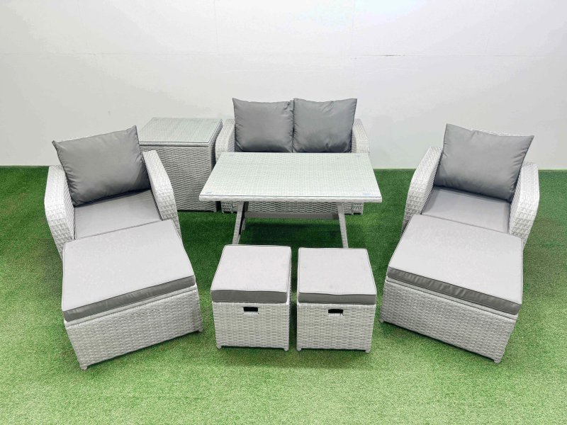 Fimous Rattan Garden Furniture Dining Set 8-seater Patio Rectangular Table Sofa Set with Side Table 4 Stools Light Grey