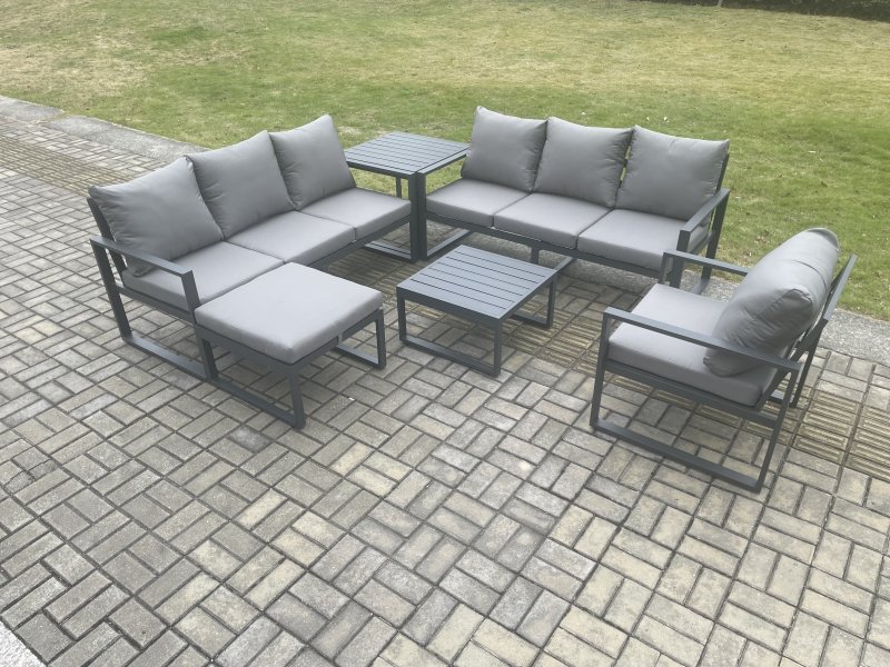 Fimous Aluminium 8 Seater Outdoor Garden Furniture Lounge Sofa Set with Square Coffee Table Chair Big Footstool Side Table Dark Grey