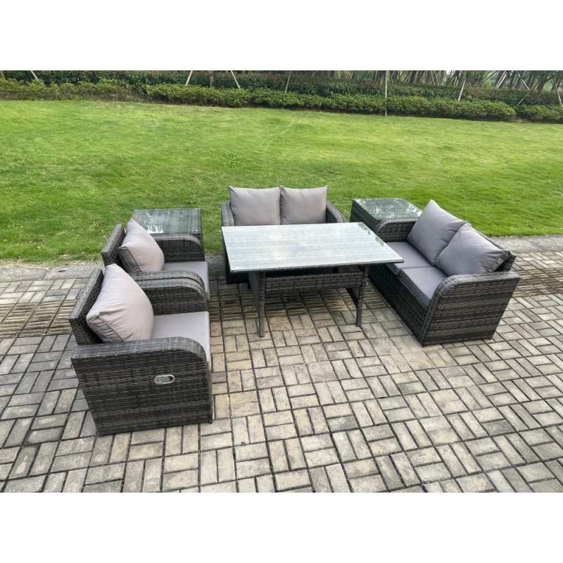Fimous Rattan Outdoor Furniture Garden Dining Set Rectangular Table and Chair Sofa Set With 2 PC Side Tables Dark Grey Mixed