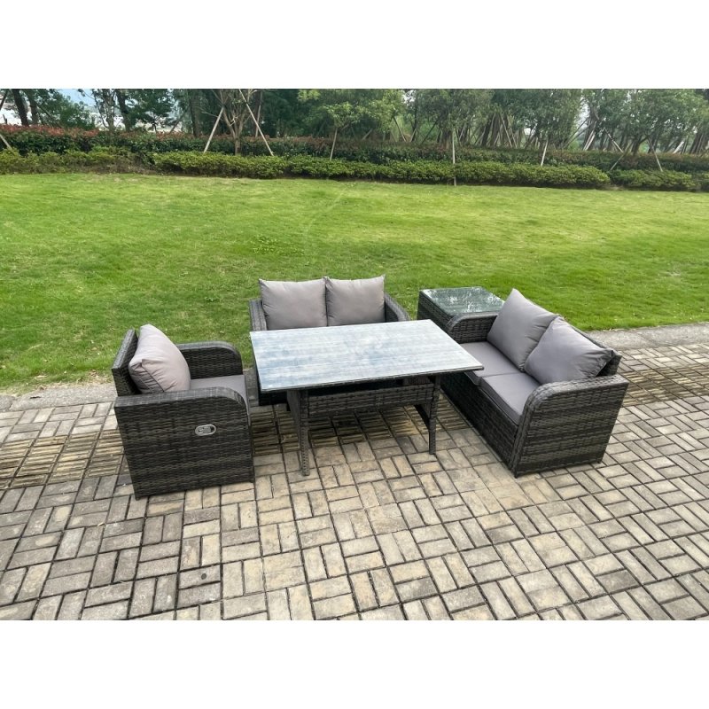 Fimous Lounge Rattan Sofa Set Outdoor Garden Furniture Oblong Rectangular Dining Table With Chairs Side Table Dark Grey Mixed