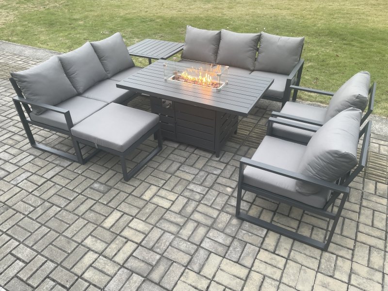 Fimous Aluminium Outdoor Garden Furniture Set Patio Lounge Sofa Gas Fire Pit Dining Table Set with Big Footstool Side Table Dark Grey