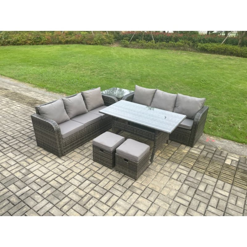 Fimous Rattan Garden Furniture Set with Oblong Rectangular Dining Table 2 Small Footstools Side Table 6 Pieces Outdoor Lounge Sofa Set Dark Grey Mixed