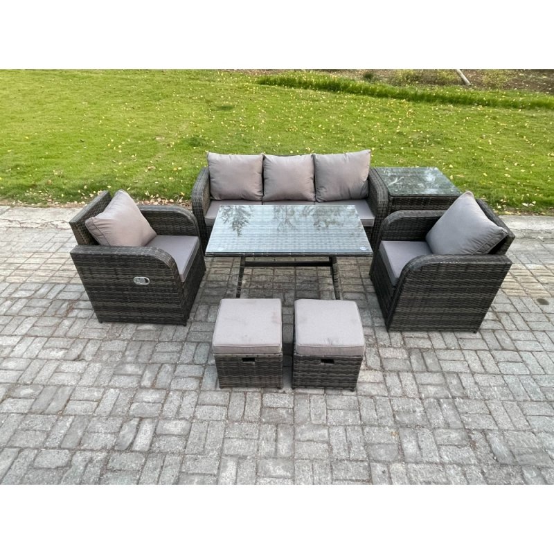 Fimous Rattan Wicker Garden Furniture Patio Conservatory Sofa Set with Rectangular Dining Table Reclining Chair 3 Seater Sofa 2 Small Footstools Side Table