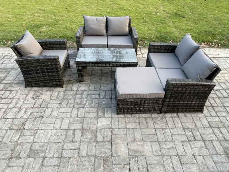 Fimous 5pcs Rattan Outdoor Garden Furniture Sofa Set with Coffee Table Big Footstool Dark Grey Mixed