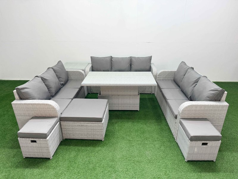 Fimous PE Rattan Lounge Sofa Set 12 Seater Outdoor Garden Furniture Set with Adjustable Lifting Dining or Coffee Table 3 Seater Sofa 3 Stools Side Table Light Grey
