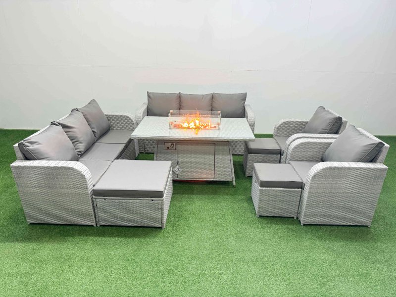 Fimous PE Rattan High Back Lounge Sofa Set Patio Firepit Dining Table & Chairs Set with 3 Seater Sofa Reclining Chair 3 Stools Light Grey