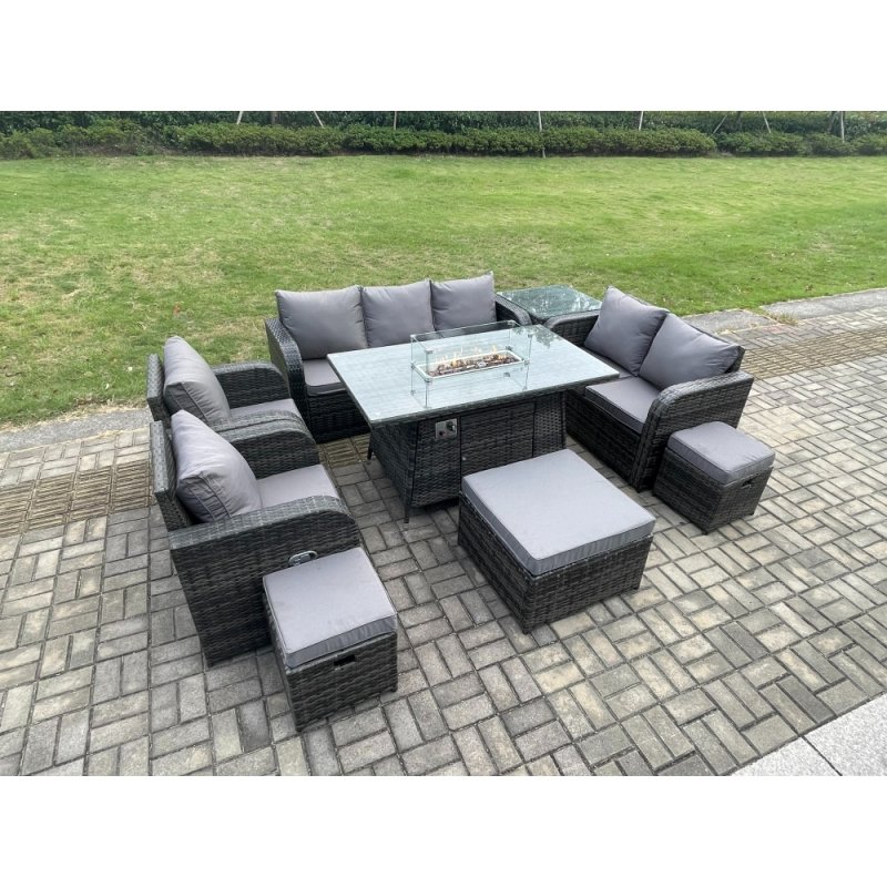 Fimous 10 Seater PE Wicker Outdoor Rattan Garden Furniture Set Propane Gas Fire Pit Table and Sofa Chair set with 3 Footstools Side Table