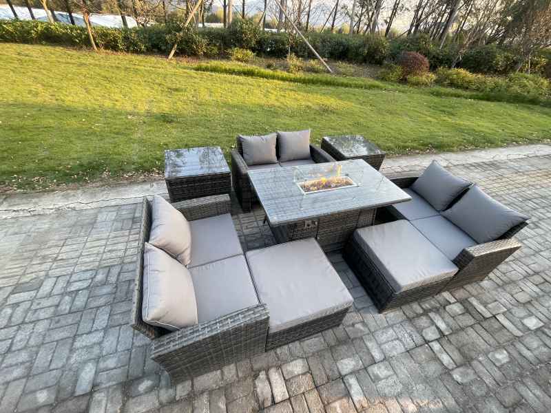 Fimous High Back Rattan Garden Furniture Sofa Sets with Outdoor Furniture Gas Firepit Dining Table Set 2 Big Footstool 2 Side Tables Dark Grey Mixed