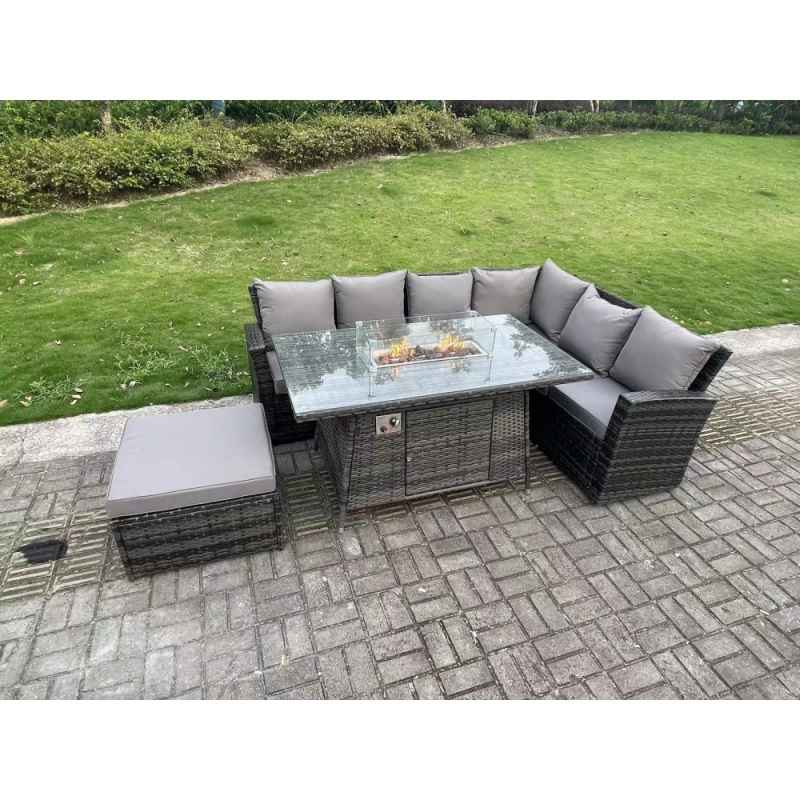 Fimous 7 Seater?Outdoor High Back Rattan Gas Fire Pit Corner Sofa Dining Set Garden Furniture Heater Dining Table Dark Grey Mixed Right Side