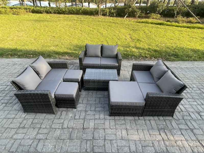 Fimous 7pc Rattan Sofa Garden Furniture Outdoor Patio Set with 3 Footstools Double Seat Sofa Dark Grey Mixed