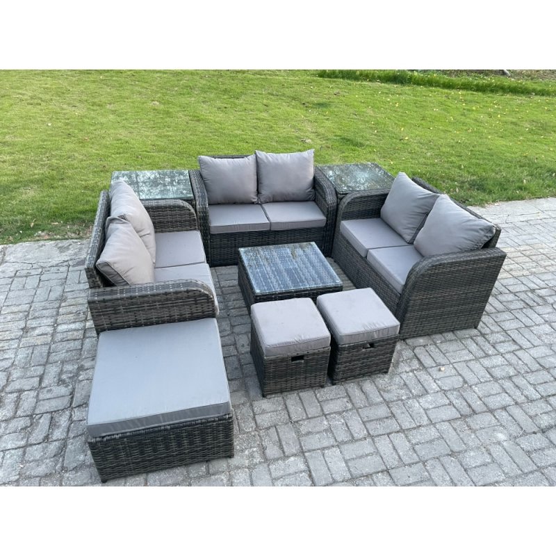 Fimous 9 Seater Outdoor Garden Furniture Sets Wicker Rattan Furniture Sofa Sets with Square Coffee Table Love seat Sofa 3 Footstools 2 Side Tables