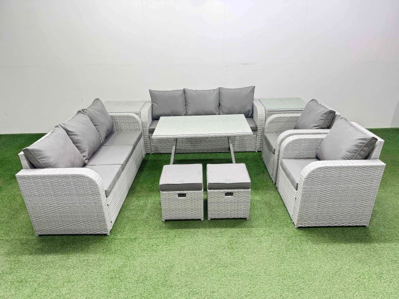 Fimous Rattan High Back Lounge Sofa Set Patio Dining Table & Chairs Set with 3 Seater Sofa 2 Reclining Chairs 2 Side Tables 2 Small Stool Light Grey