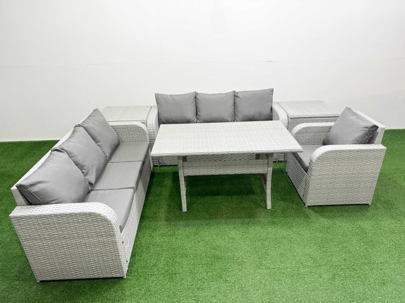 Fimous 7 Seater Poly Rattan Outdoor Garden Furniture Rectangular Dining Table Sofa Set Patio 3 Seater Sofa Reclining Chair 3 Seater Sofa 2 Side Table Light Grey