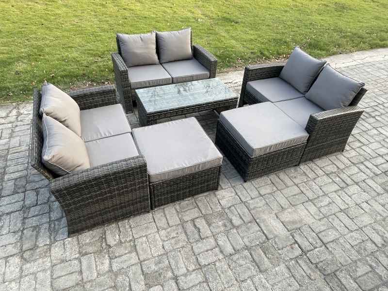 Fimous 8 Seater High Back Rattan Garden Furniture Sofa Sets with Rectangular Coffee Table 2 Big Footstool Dark Grey Mixed