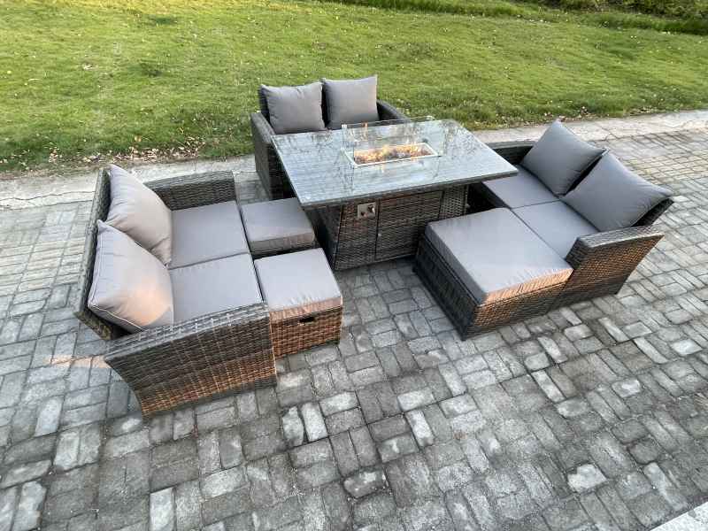 Fimous High Back Rattan Garden Furniture Sofa Sets with Outdoor Furniture Gas Firepit Dining Table Set 3 Footstools Dark Grey Mixed
