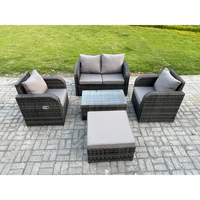 Fimous 5 PC Outdoor PE Rattan Garden Furniture Set Wicker Love Sofa Coffee Table 2 Armchair Big Footstool Dark Grey Mixed