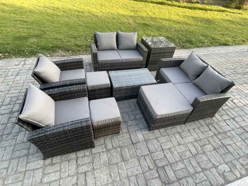 Fimous Garden Furniture Sets 9 Pieces Outdoor Rattan Furniture Manual Wicker Patio Sofa Chair Set with Coffee Table 3 Footstools Side Table Dark Grey Mixed