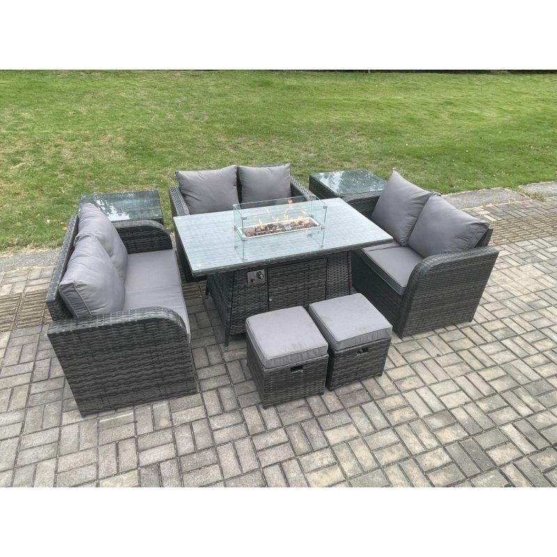 Fimous 8 Seater Outdoor Rattan Furniture Garden Dining Set Gas Fire Pit Table with Side Table Love Sofa 2 Small Footstools Dark Grey Mixed