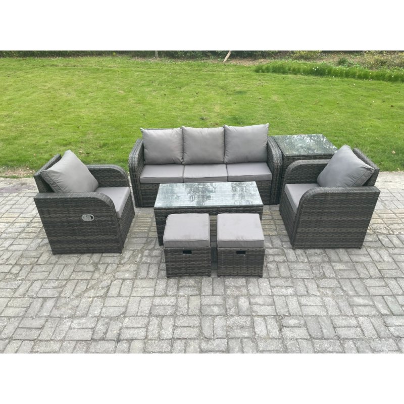 Fimous 7 PC Rattan Garden Furniture Set with Rectangular Coffee Table Side Table 2 Small Footstools Patio Outdoor Rattan Set
