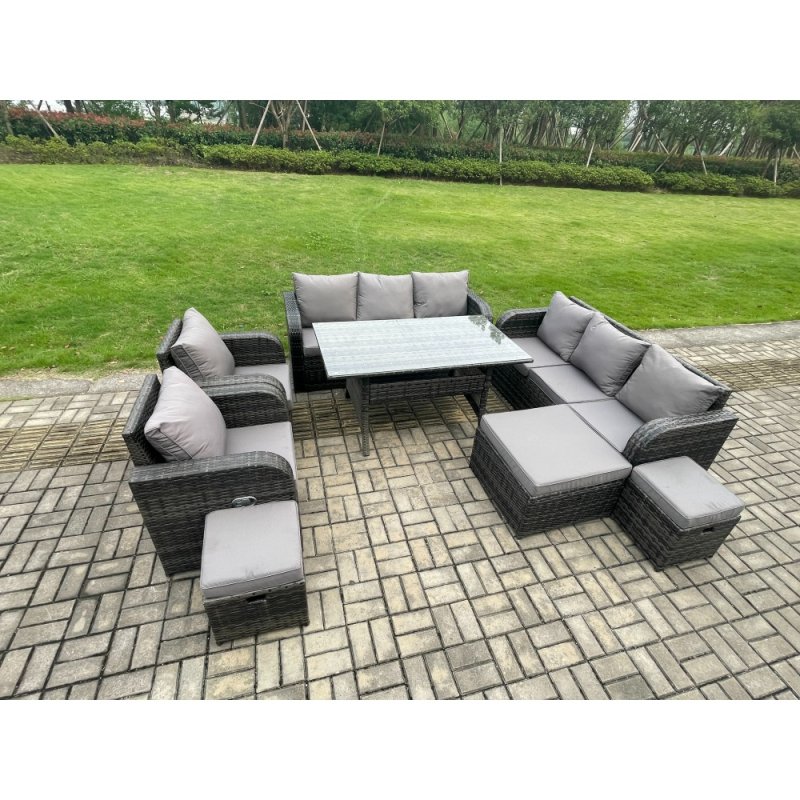 Fimous Outdoor Garden Patio Furniture Wicker Rattan Oblong Rectangular Dining Table and Lounge Sofa set with Adjustable Chair 3 Footstool Dark Grey Mixed