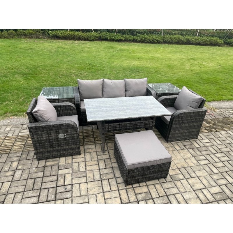 Fimous Wicker PE Rattan Garden Furniture Set Outdoor Rectangular Dining Table and Chair Sofa Set With 2 Side Tables Big Footstool Dark Grey Mixed