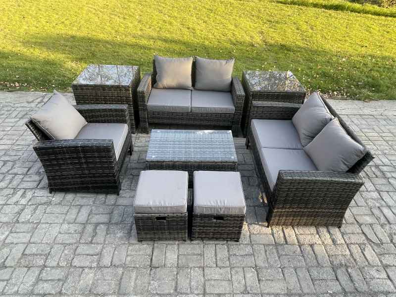 Fimous Rattan Garden Furniture Set 7 Seater Patio Outdoor Lounge Sofa Chair Set with Rectangular Coffee Table 2 Small Footstools 2 Side Tables Dark Grey Mixed