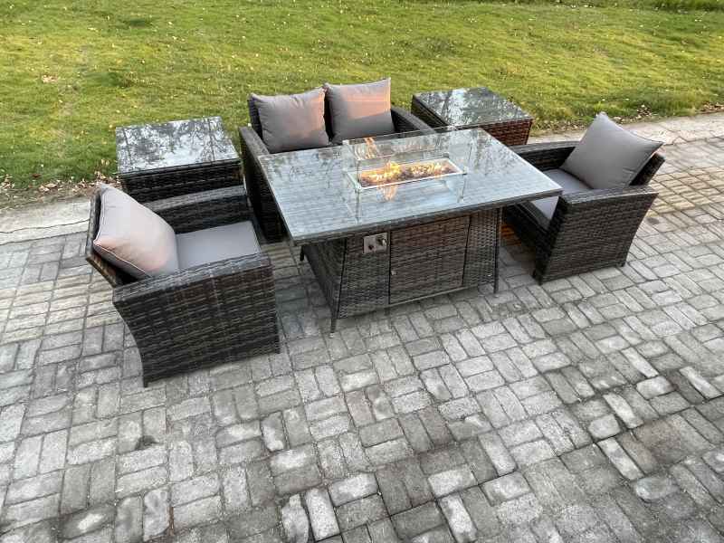 Fimous Outdoor Rattan Sofa Set Garden Furniture Gas Firepit Dining Table Heater with 2 Side Tables Dark Grey Mixed