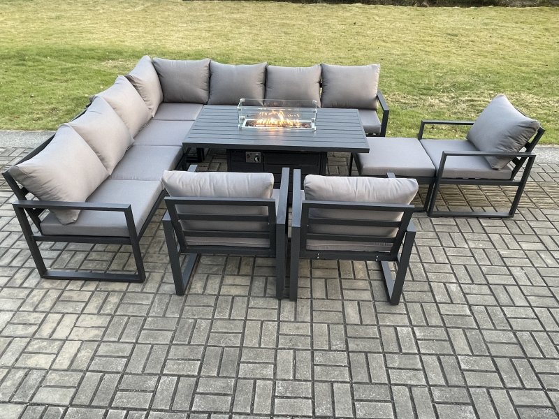 Fimous Aluminium 11 Seater Garden Furniture Outdoor Set Patio Lounge Sofa Gas Fire Pit Dining Table Set with 3 Chairs Big Footstool Dark Grey