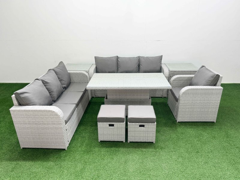 Fimous 9 Seater Poly Rattan Outdoor Garden Furniture Adjustable Lifting Dining or Coffee Table Sofa Set Patio 3 Seater Sofa Reclining Chair 3 Seater Sofa Stools 2 Side Table Light Grey