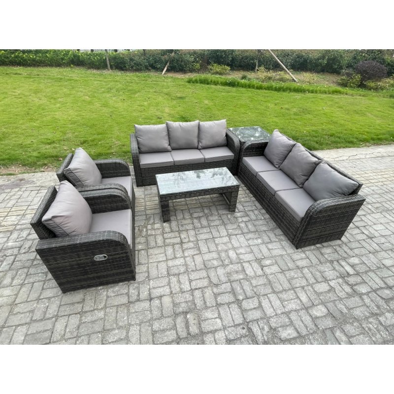 Fimous Wicker PE Rattan Sofa Set Outdoor Patio Garden Furniture with Reclining Chair Coffee Table Side Table Dark Grey Mixed