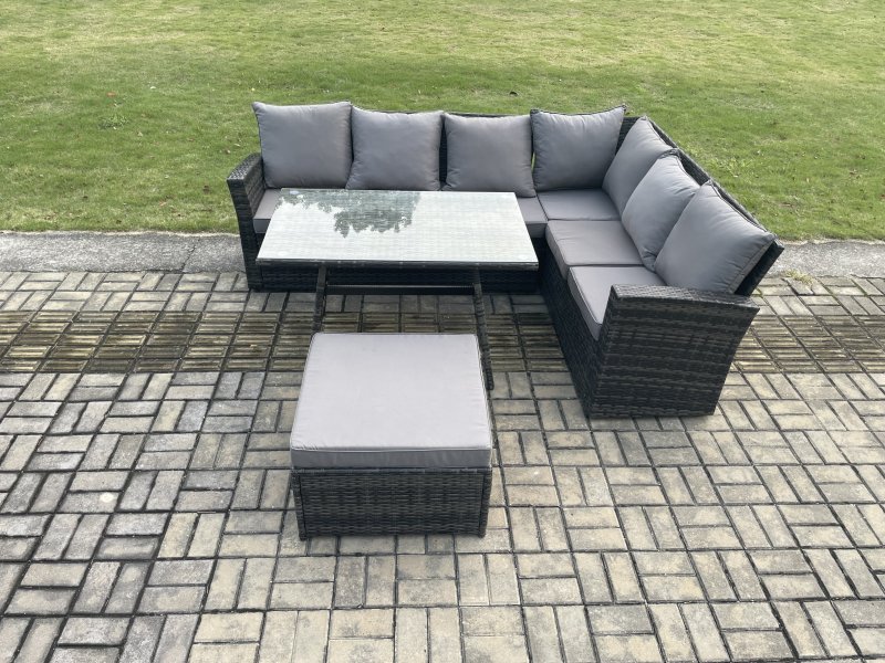 Fimous High Back Outdoor Garden Furniture Set Rattan Corner Sofa Dining Table Set With Big Footstool 7 Seater Dark Grey Mixed