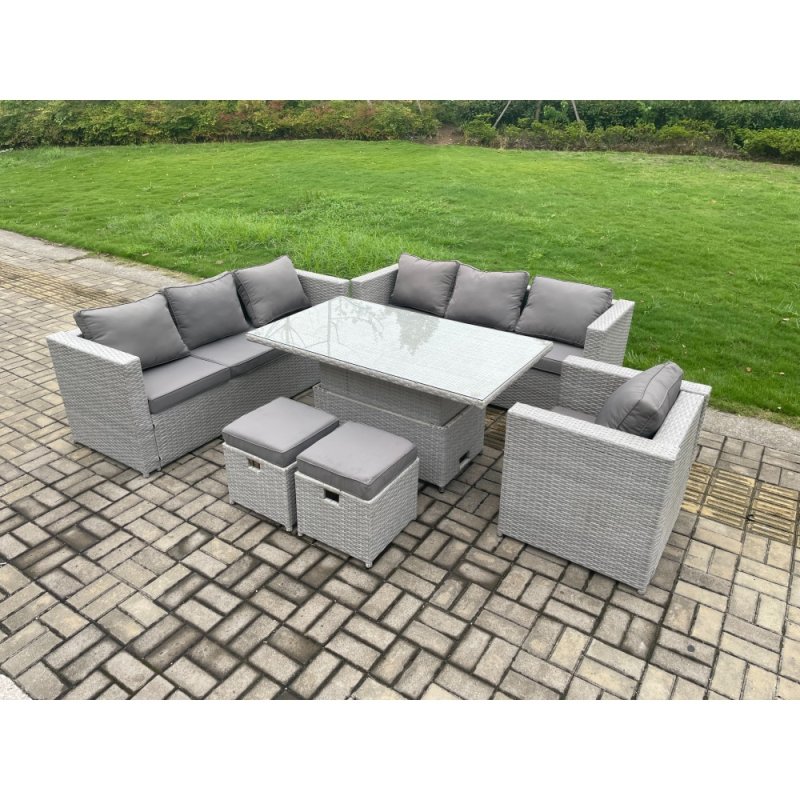 Fimous 9 Seater Outdoor PE Rattan Garden Funiture Set Height Adjustable Rising Lifting Table Sofa Dining Set with Armchair 2 Small Footstools