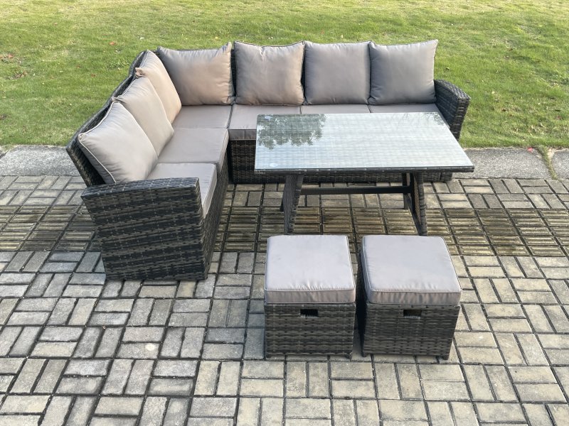 Fimous Outdoor Furniture Garden Dining Set Rattan Corner Sofa Set with 2 Small Footstools Dark Grey Mixed