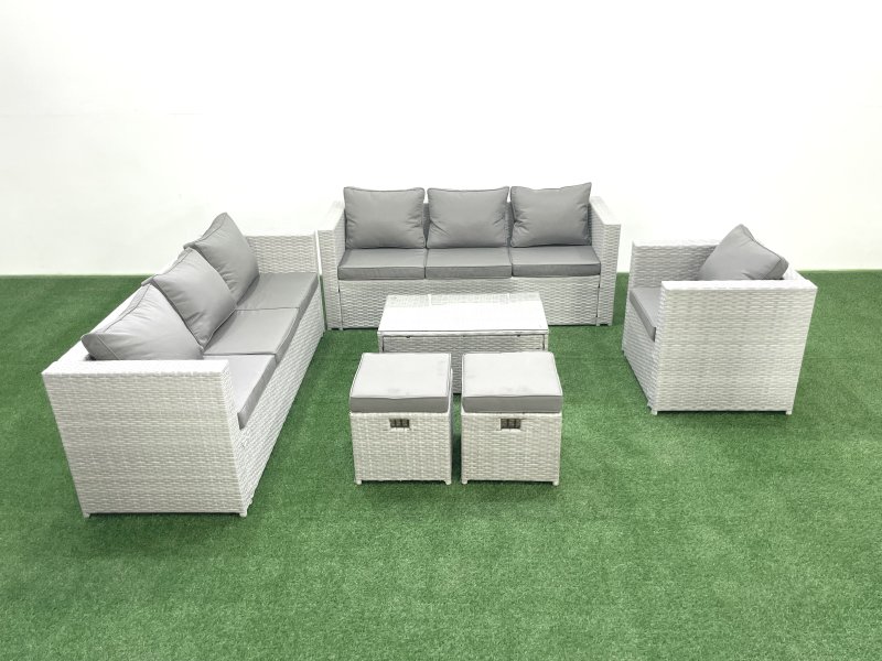 Fimous Wicker PE Rattan Sofa Garden Furniture Set with Armchair Oblong Coffee Table 2 Small Footstools Light Grey Mixed